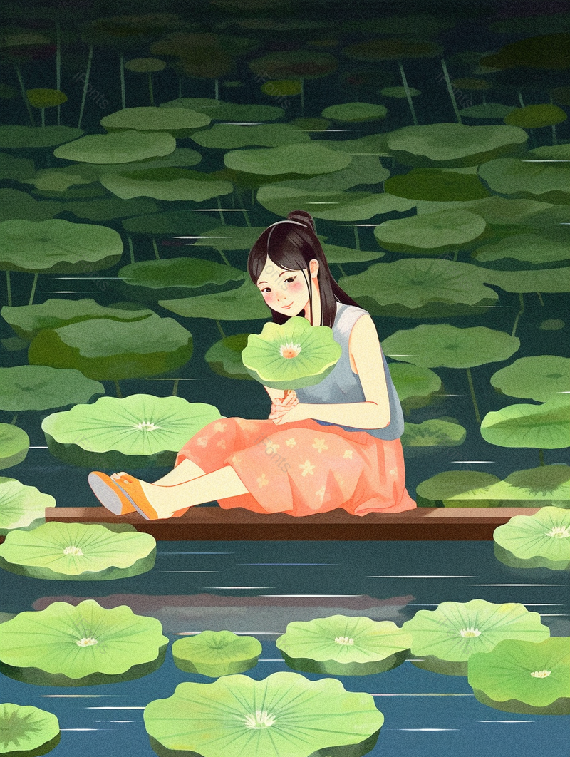 绿色夜晚池塘边玩耍的少女插画背景,插画/手绘图,插画/手绘图库,插画/手绘图下载,插画/手绘